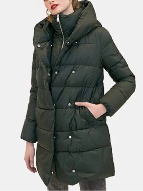 Quilted Hooded Puffer Coat in Deep Olive Green Zara